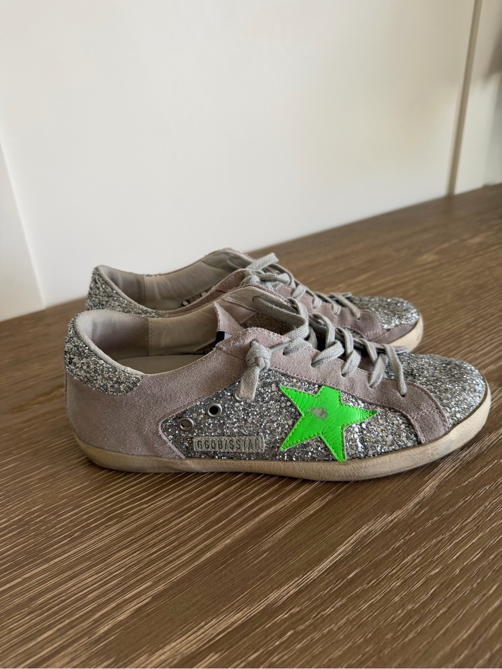 Golden Goose Silver Glitter Sneakers with Neon Green Star - Picture 3 of 6